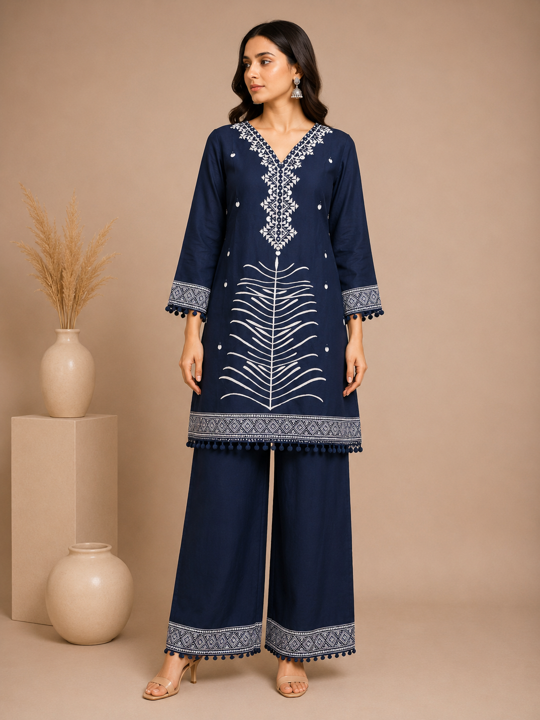 Navy Blue Embroidered Rayon Kurta Set with Palazzo Pants
